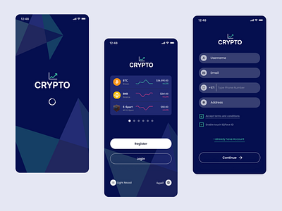 Crypto blue and white clean ui darkmood fintech mobile app design ui