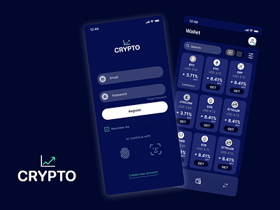 Crypto App blue and white categories clean ui darkmood design fintech mobile app design ui