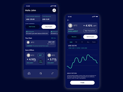 Crypto App blue and white categories chart darkmood design fintech illustration mobile app design ui uxdesign visual