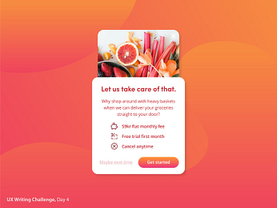 UX Writing Challenge Day 4 app pop up cards ui delivery duxw duxwc grocery interface design notification pop up popup promotion ui ux design ux writing ux writing challenge