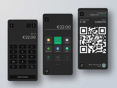 Crypto mPOS Concept for Starbucks 3x Dribbblestyle banking bitcoin calculator concept crypto crypto wallet cryptocurrency darkui ethereum finance fintech mobile app mpos payment product design qr code restaurant starbucks startup