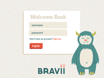 Bravii App welcome screen almost flat clean illustration minimal monster rewards