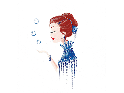 Bubble Girl blue bubbles ginger hair gouache illustration sparkle