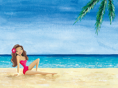 On The Beach beach girl bikini girl girl illustration gouache holidays illustration lady ocean palm tree pink sand sea summer sunshine
