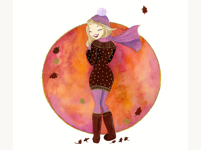 Winter Girl 2 autumn brown cold cute fall girl gold gouache hat illustration lady leaves metallic paint orange pink red scarf warm watercolor winter