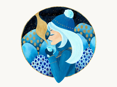 Winter Girl 3 abstract blue coffee cole cute girl gold gouache hat hot drink ice illustration lady mountain warm watercolor winter yellow gold