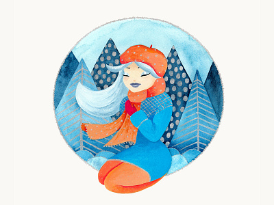 Winter Girl 4 blue cold cute forest girl gouache illustration lady metallic paint orange pine tree silver warm watercolor winter