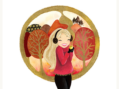 Winter Girl 5 autumn brown coffee cold cute fall girl gold gouache hot drink illustration lady metallic paint orange pink red trees warm watercolor yellow gold