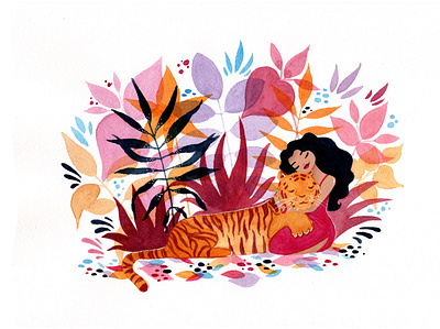 The girl and the tiger animal cute fine art girl illustration jungle nature orange pink purple stationery mockups tiger tropical watercolor