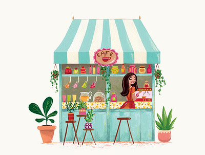 At the café blue cafe cakes coffee coffeeshop cute fineart gouache illustration plants shop turquoise