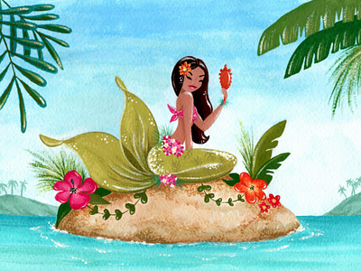 Mélusine checking herself out fine art gouache illustration mermaid mirror ocean seaside tiki tropical whimsical