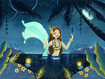 Mélusine in the lagoon blue cute exotic fine art flowers gouache illustration lagoon mermaid mirror night sea tiki tropical yellow