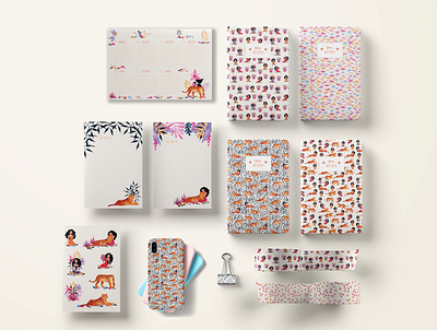The girl and the tiger stationery set animals cute design fineart girl hand painted nature orange pattern collection patterns pink purple stationery stationery design tiger torpical watercolor whimsical