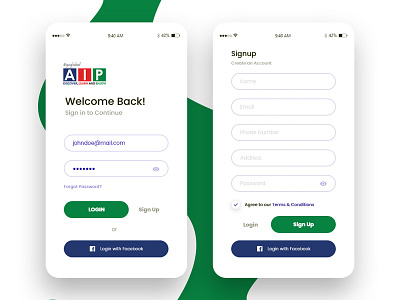 AIP Login & Signup Screen app color consultancy design green minimal mobile students type ui ux ux ui design visa