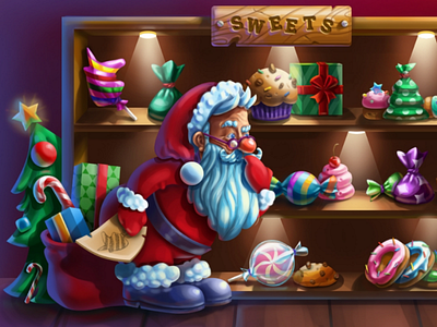 Santa in the Sweets Store 2d art digital illustration game art game illustration