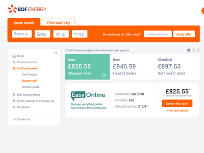 EDF Tariff re-design app design ecommerce minimal sketchapp ui ux web website