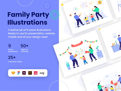 Family Party lllustration kit barbeque character design characters colors family firework funiture home illustration illustration kit new year party product ui ui8 uiuxdesign web