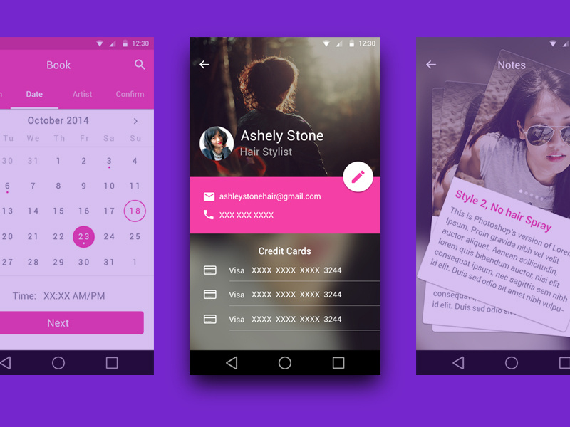 Material Design Screens app design material google profile hairdresser hairdressing beauty app design material design
