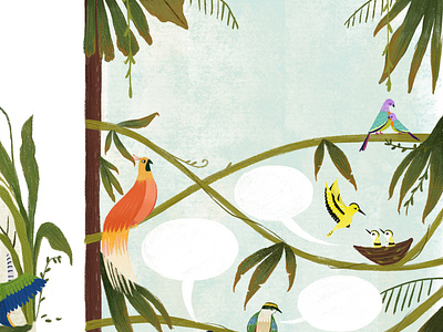 Book spread for “The Rainbow Coat” background bird illustraion usborne