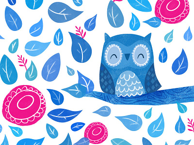 Whoot blue illustration leaves owl pattern poster