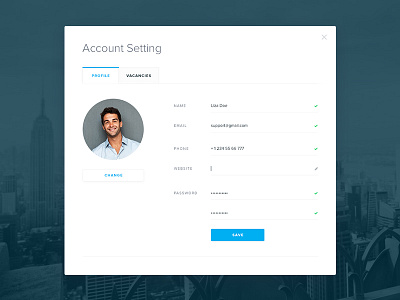 Account Popup acount avatar button profile setting tabs ui ux