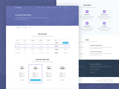 Iniz — Pricing Page cloud features help hosting icons it server pricing tables ui ux vps