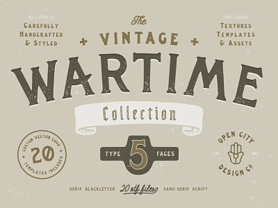 THE WARTIME COLLECTION branding collection design font hand drawn illustration labels logo patches poster art templates texture typography vector vintage wartime