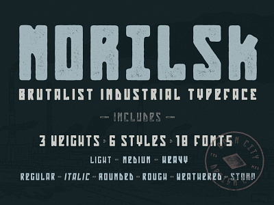 Norilsk - Brutalist Industrial Typeface branding design family font hand drawn illustration logo poster art texture typeface typography vector vintage