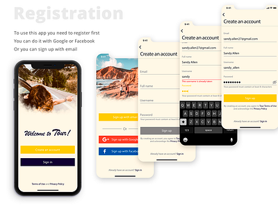 Registration for Travel App | Mobile App for iOs | app design interface ios iphone 10 iphonex logo material design mobile mobile app sign up sign up form sign up screen tour travel traveller ui ux validation yellow