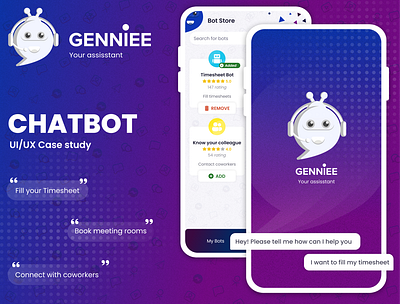 CHATBOT - Genniee bot branding chatbot cover page design design process flat illustration illustrator interface design logo minimal mobile screens screens ui uiux ux