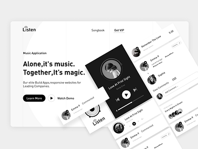Music Application Landing UI by Figma app black and white card clean clean design clean ui design logo music app shadow ui ux website
