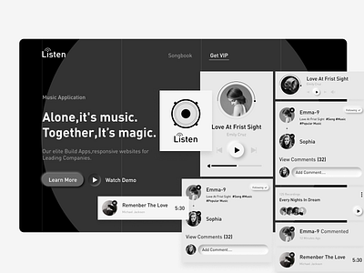 Landing UI Music Application app blackandwhite card clean dark ui illustration ios music music app neumorphic shadow simple ui ux web web design