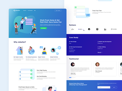 Jobwher Landing Page Website | Freelance Marketplace artwork branding design flat illustration minimal ui ux vector web