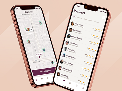 UI Concept for a Dog Walking App app design clean dog walking login map mobile app pet care rating list registration request ui user profile walking app