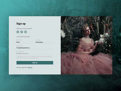 Sign up form "Woman With Flowers" banner beautiful concept daily ui 001 daily ui challenge dailyui design elena sinianskaya form form design form field olena synianska sign in sign up ui uiux ux web webdesign website