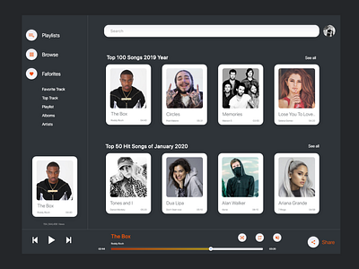 Music app night mode appdesign clean clean ui concept design music music app music player nightmode playlists ui ux web webapp design