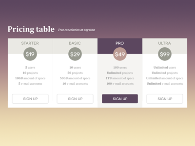 Pricing Table pricing table web website