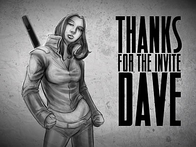 Thanks for the invite, Dave! comic girl with sword illustration thank you