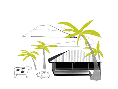 Beach Shack cow drawing graphic hawaii illustration ocean palmtree pig procreate texture