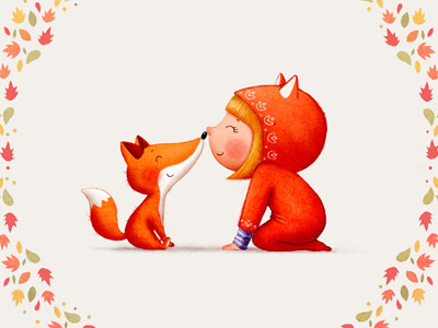 Girl and a fox autumn childrens illustration little fox little girl