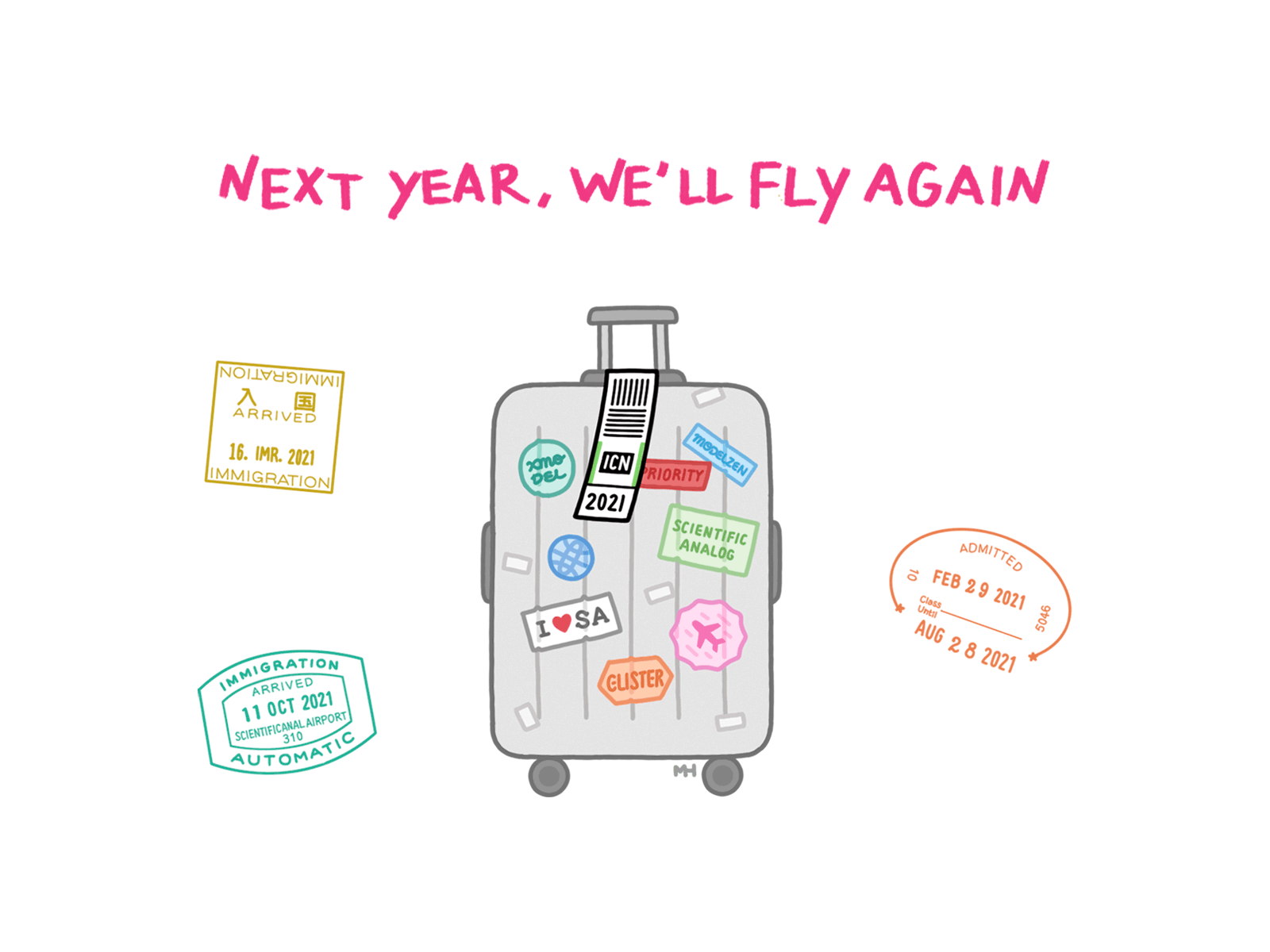 WE'LL FLY AGAIN 2021 adobe airplane design flyer greeting greeting card holiday card holidays illustration newyear pandemic photoshop scianalog scientificanalog stamp suitcase travel xmodel