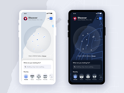 Nearby App UI android argument realty city creative dark mode dribbble experience finder homepage illustraion ios mobile app mobile ui near nearby radious search user user experience