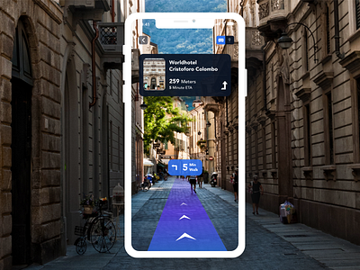 Nearby App Augmented Reality arrows augmented reality card creative design direction graphics icons landingpage locate map minimal mobile ui navigation nearby popular route shadow ui ux