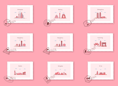 城市邮票插画系列 地标建筑 城市 平面插画 扁平插画 插画 邮票