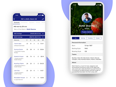 Scorecard & Player Profile Screens about cricket ios app lists momentum shift personal information player profile profile scorecard ui ui ux uidesign uxdesign
