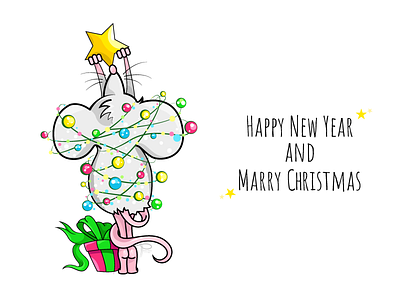 Happy New Year and Marry Christmas adobe illustrator animal character children art christmastree congratulation digital art illustration illustrator mouse newyear postcard sticker vector