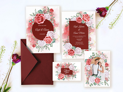 wedding invitation with romantic red rose template