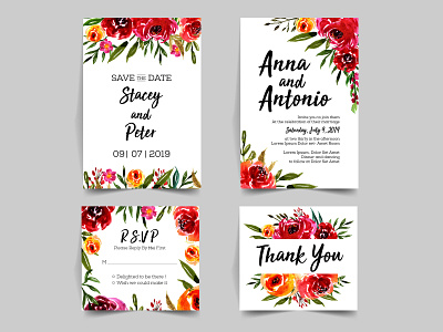 wedding invitation set with watercolor rose