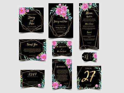 set of wedding invitation with  watercolor rose pink gold