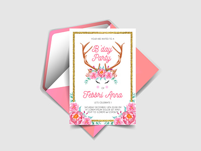 birthday party invitations with watercolor flower horns animal art birthday card cute decoration design floral flower hipster horn illustration invitation isolated poster rose spring watercolor wedding white
